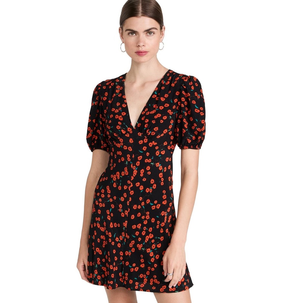 Staud Milla Mini Dress Poppy Print Red Black V-Neck Puff Sleeve Sz 0 Women